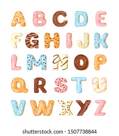 Delicious cookies flat alphabet vector set. Sweet baking cartoon font. Creative gingerbread typography design. Confection stylized capital letters. Biscuit and doughnut sty text illustrations pack.