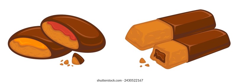 Deliciosas galletas con relleno de mermelada y glaseado de chocolate. Comida sabrosa aislada en tienda, tienda o cafetería, menú de restaurante o surtido de panadería. Galletas de postre con té. Vector en estilo plano