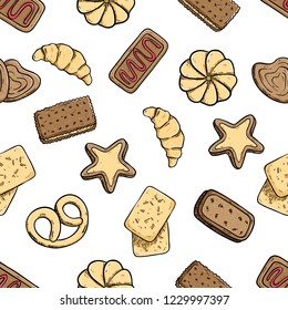 delicious cookies in seamless pattern with colored doodle style on white background