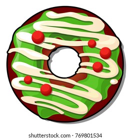 Delicious cookies in the shape of ring or donut drizzled topping isolated on white background. Sample of poster, party holiday invitation, festive banner, card. Vector cartoon close-up illustration.