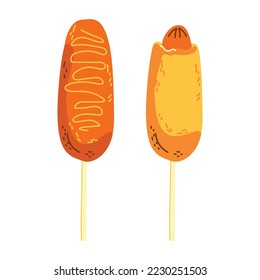 Delicious corn dogs in a golden crust. Fast food from America. Vector illustration in hand-drawn style for banner, restaurant advertising