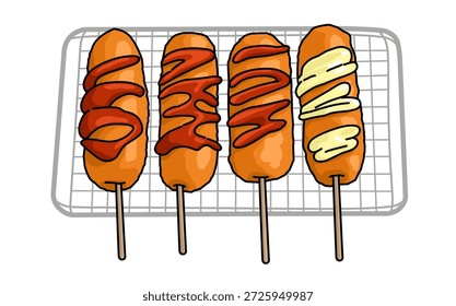 Deliciosos perros de maíz en una rejilla de alambre con salsa y mostaza. Comida callejera
