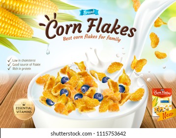 Delicious corn flakes ad with milk pouring into bowl in 3d illustration, glitter bokeh background