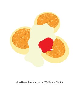 Delicious cottage cheese pancakes with condensed milk and jam topping. 