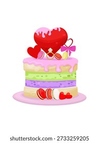 Delicious Cream Cake with Blueberries, Macarons and Engagement Ring Description: A tempting creamy cake with almond and blueberry filling, decorated with a bright red heart and French macarons. A luxury diamond engagement ring sits on top, making it perfect for marriage proposals, wedding anniversaries, or romantic food blogs. High-quality vector illustration on transparent background