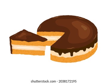 Delicious cream cake with chocolate icing icon vector. Piece of chocolate cake icon isolated on a white background. Boston Cream Pie icon vector