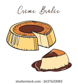 Delicious cream brûlée dessert with caramel with piece of it. Sweet treat goods bakery culinary and super tasty. Baked snack outline art