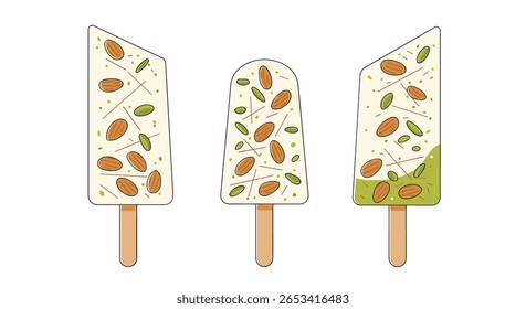 Deliciosas barras de sobremesa congeladas cremosas embaladas com nozes e ervas verdes em várias vistas angulares sobre um fundo branco, representando um delicioso deleite de verão