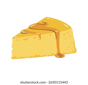Delicioso pudim cremoso fatia com molho de caramelo dourado, vetor de sobremesa estilo desenhos animados planos.