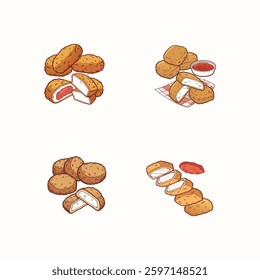 Delicious and crispy chicken nuggets, realistically illustrated in high-quality vector artwork. Perfect for food-related designs, menus, packaging, and culinary branding.