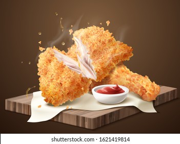 Delicious crispy fired chicken with dip on wooden plate in 3d illustration