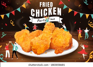 Delicious crispy fried chicken in 3d illustration on a party time theme