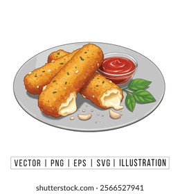 Delicious Crispy Mozzarella Sticks with Marinara Sauce - Vector Illustration