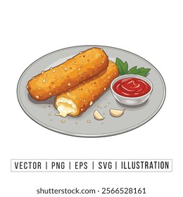 Delicious Crispy Mozzarella Sticks with Marinara Sauce - Vector Illustration