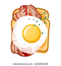 Delicious crispy toast with bacon and egg on top on white background