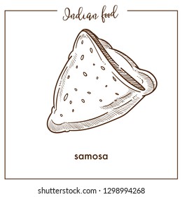 Delicious crispy triangular samosa from traditional Indian food. Bakery product made of puff dough stuffed with meat and sprinkled with sesame. Nutritious samosa isolated vector illustration.