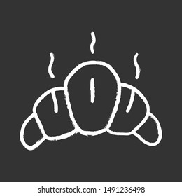Delicious croissant chalk icon. Traditional french delicacy, fresh baking isolated vector chalkboard illustration. Pastry shop, bakery, confectionery logo. Tasty confection, sweet breakfast snack

