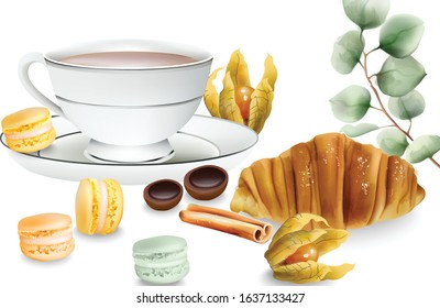 Delicious croissant with cinnamon sticks, macaron sweets, cape gooseberry and toffee candy on table