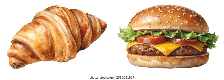 Delicious croissant, classic hamburger, food illustration, watercolor style, culinary art, breakfast and lunch, appetizing visuals.