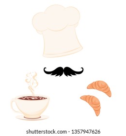 Delicious croissant with cup of coffee and chef cap design.