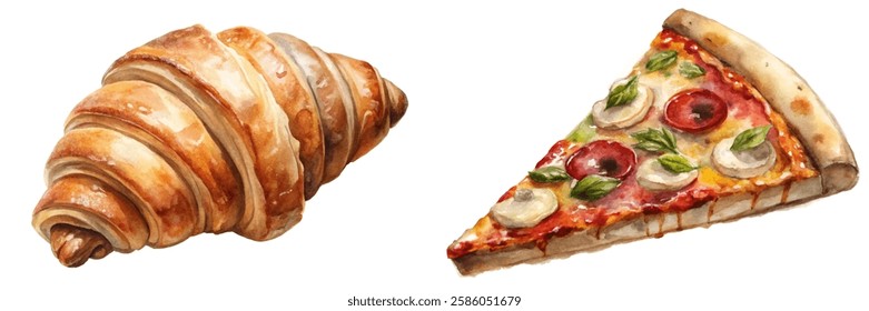 Delicious croissant, fresh pizza slice, watercolor illustration, food art, culinary delights, vibrant colors.