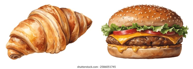 Delicious croissant, juicy hamburger, food illustration, culinary art, appetizing snacks, breakfast and lunch, vibrant colors.