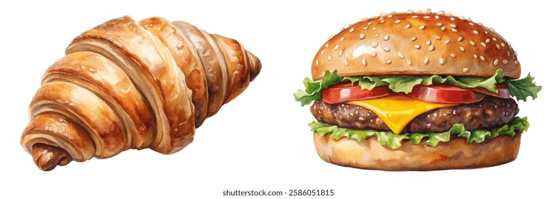 Delicious croissant, juicy hamburger, fresh ingredients, appetizing food, watercolor illustration, vibrant colors, culinary art, breakfast and lunch.