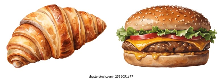 Delicious croissant, juicy hamburger, vibrant colors, food illustration, appetizing design, culinary art, breakfast and lunch.