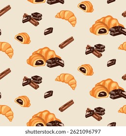 Delicious croissants with rich chocolate and cinnamon decoration in an endless dessert pattern with warm cozy tones