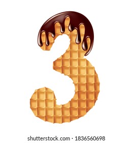 Delicious crunchy waffles covered with hot chocolate in the shape of numbers. Vector illustration.