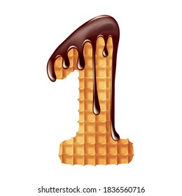 Delicious crunchy waffles covered with hot chocolate in the shape of numbers. Vector illustration.