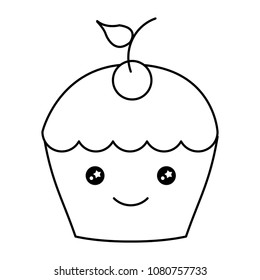 delicious cup cake with cherry kawaii character