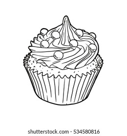 Delicious cup cake with rich frosting cream and sprinkles in a paper liner, food desert sweet pastry - line hand drawing, isolated illustration, for coloring, icon, outline, doodle