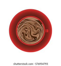 Delicious cup of cocoa or coffee, which nicely mixes (top view)