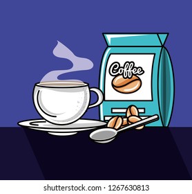 delicious cup of coffee with bag and spoon