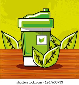 delicious cup container of tea herbs in wooden table