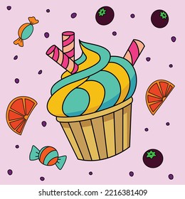 Delicious cup ice cream with chocolate and lemon slice decorated background vector artwork