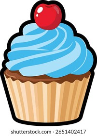 Delicioso Cupcake com glacê azul e cereja, Doce Tratado, Ilustração de comida, Ambiente de Sobremesa, Design colorido, Conceito brincalhão