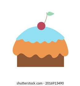 Delicious cupcake with blue icing and cherry on an isolated background. Tea time. Dessert. Design elements. Unhealthy food. Vector. Flat illustration.