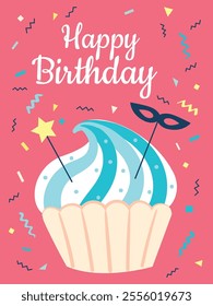 Delicious cupcake with blue and white frosting, adorned with a mask and a star, sits on a vibrant pink background with confetti, embodying the joyous spirit of a birthday celebration