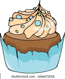a delicious cupcake with a blue wrapper, cupcake with colorful design, sweet cream with multicolored topping, vector isolated illustration 