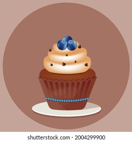 Delicious cupcake with blueberry on the top and chocolate chips