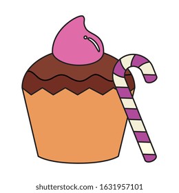 delicious cupcake with candy in cane vector illustration design