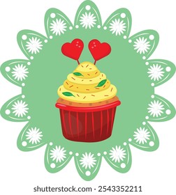 Delicious cupcake. Candy hearts on a green napkin. Dessert vector illustration design