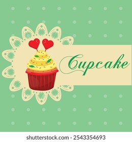 Delicious cupcake. Candy hearts on cupcake, green background. Dessert vector illustration design