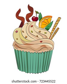 Delicious cupcake cartoon image. Artistic freehand drawing.