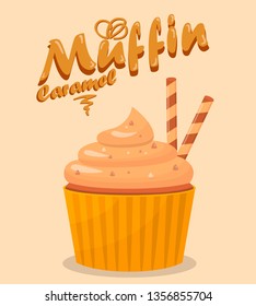 Delicious Cupcake Cartoon Poster Flat Template. Tasty Dessert Illustration with Lettering. Muffin with Caramel Sticks and Glaze. Confectionery, Pastry Shop Vector Web Banner Layout
