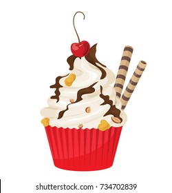 Delicious cupcake with cherry and chocolate against white background