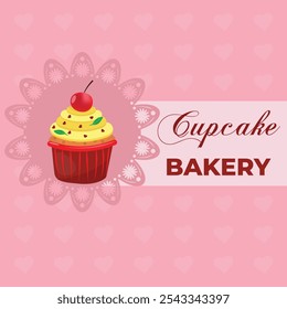 Delicious cupcake. Cherry, cherry on a cupcake, pink background, inscription. Dessert Vector Illustration Design