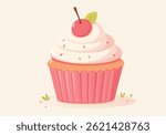Delicious cupcake with cherry on top, in flat vector style. Vector festive sweet desserts for a birthday or small celebration 